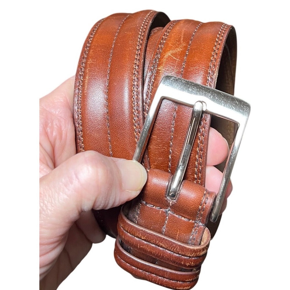 Allen Edmonds Calfskin Leather Belt Cognac Brown Center Raised USA Size 38